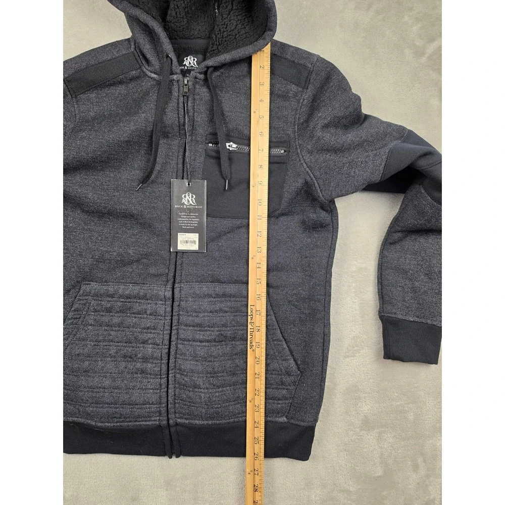 Rock & Republic Hoodie Jacket Mens S Black Faux Fur Lined Fleece Full Zip